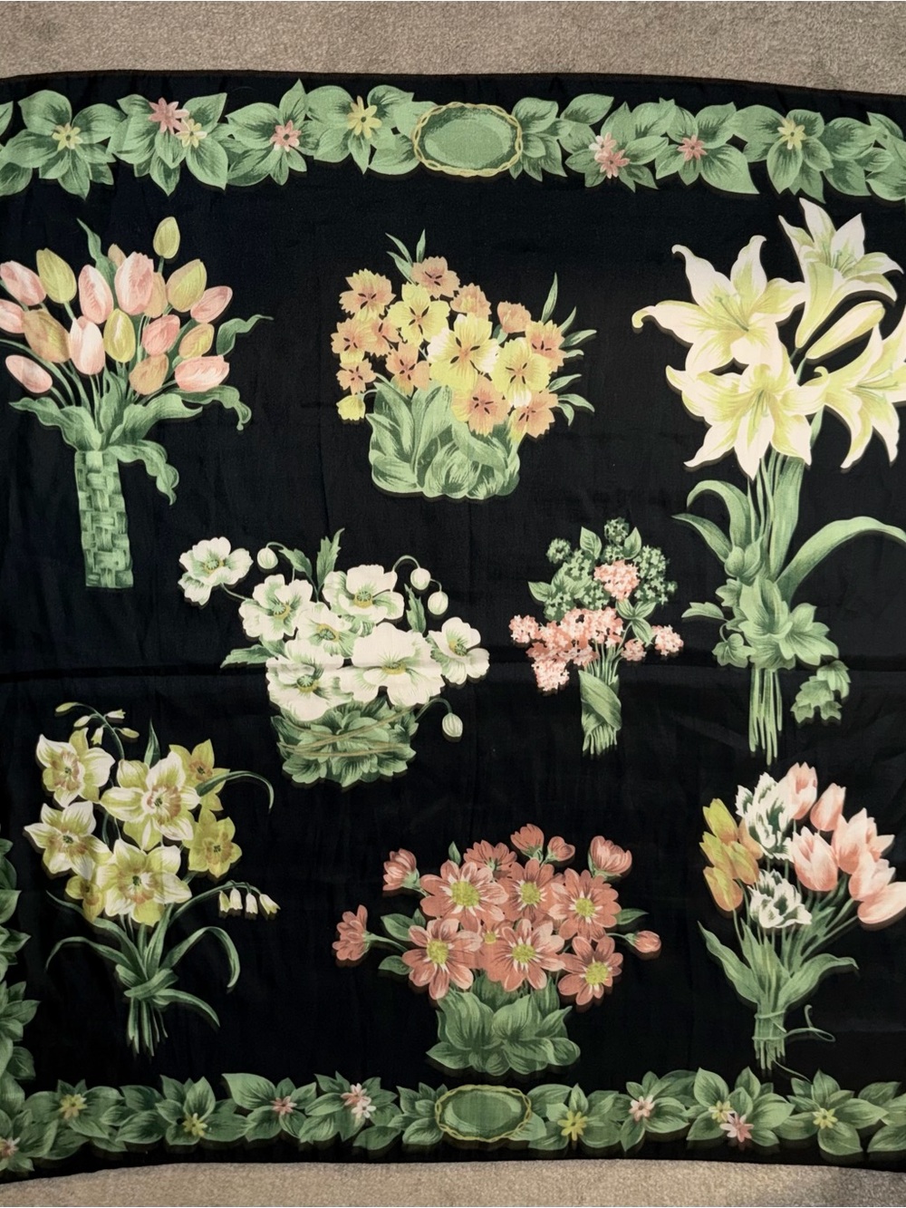 Black Silk  Scarf with Green Botanical Motif and Yellow Chain Detail Tidi Scarf